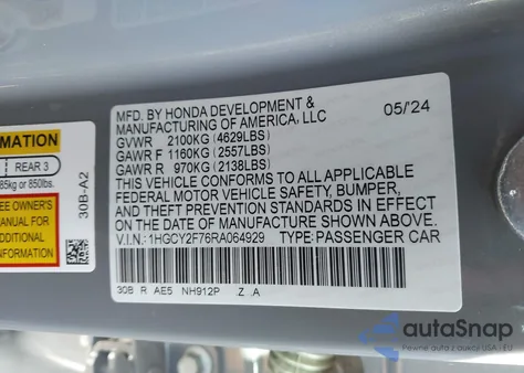 2024 Honda Accord Hybrid Sport-L из США, поврежденный, VIN 1HGCY2F76RA064929